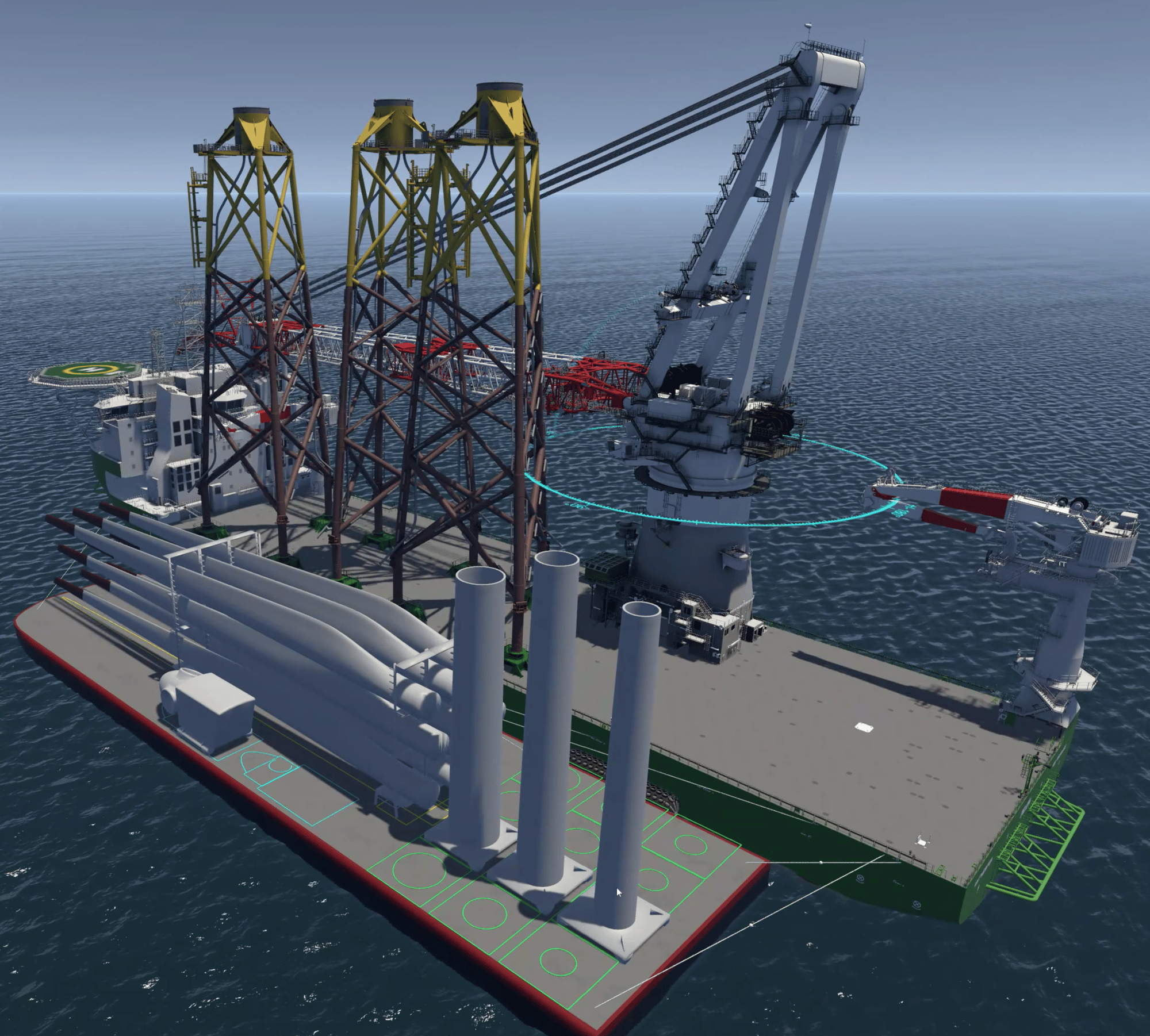 Digital simulation of vessel handling wind turbine blades at sea