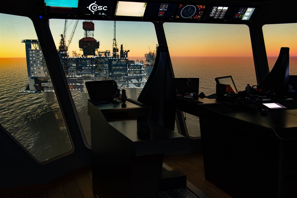 Bridge view of an offshore platform at sunset Bridge view of an offshore platform at sunset