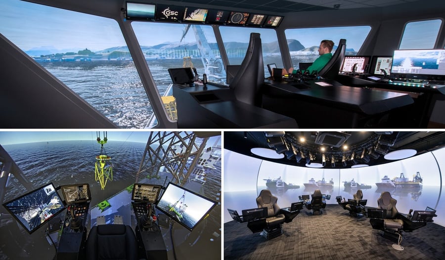 A bridge simulator, a crane cabin and a dome with operator stations: a complete simulator centre