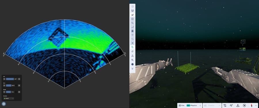 Sonar view beside ROV manipulators approaching a structure Sonar view beside ROV manipulators approaching a structure