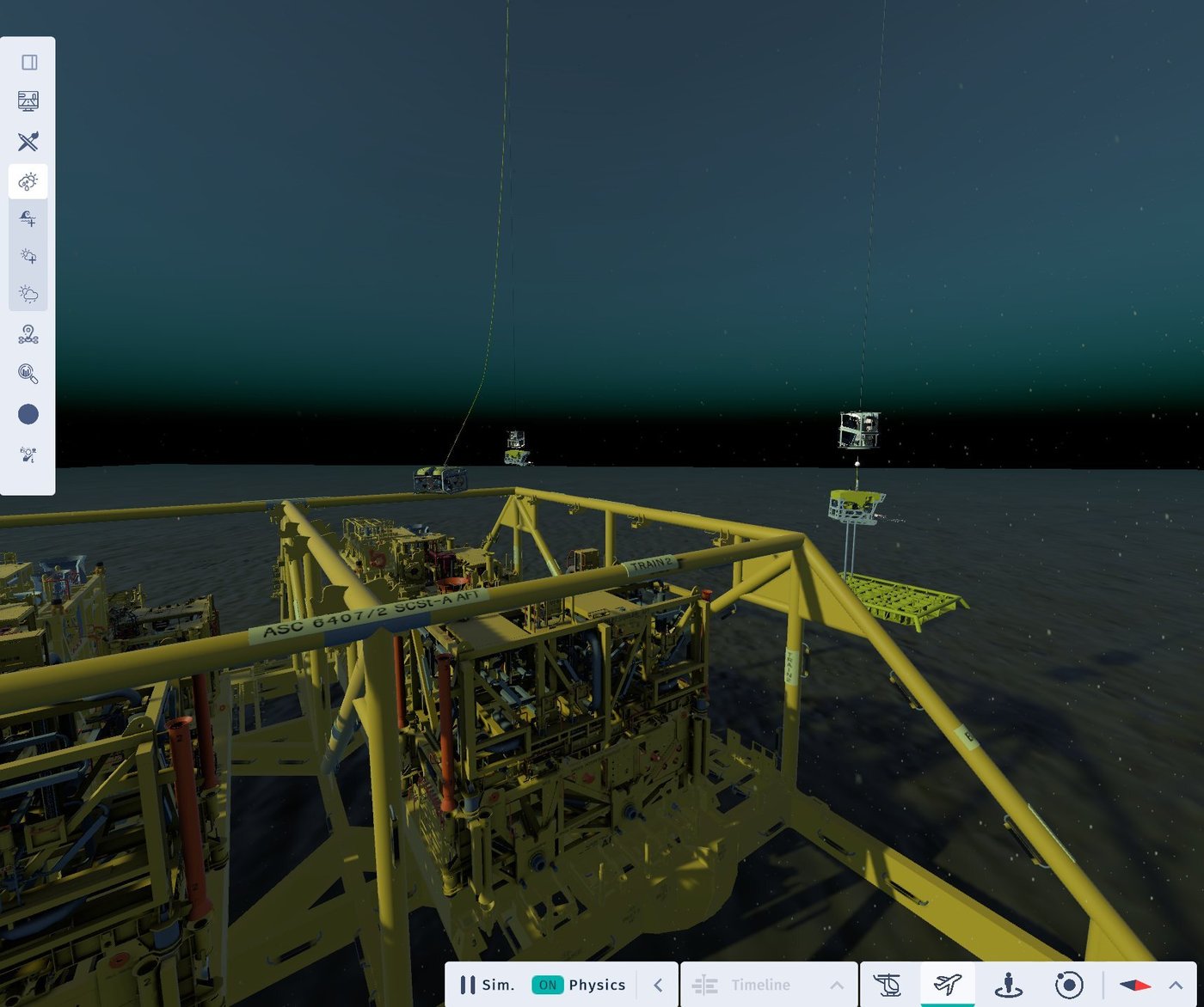 ROVs working around a yellow subsea compressor station in the simulator ROVs working around a yellow subsea compressor station in the simulator